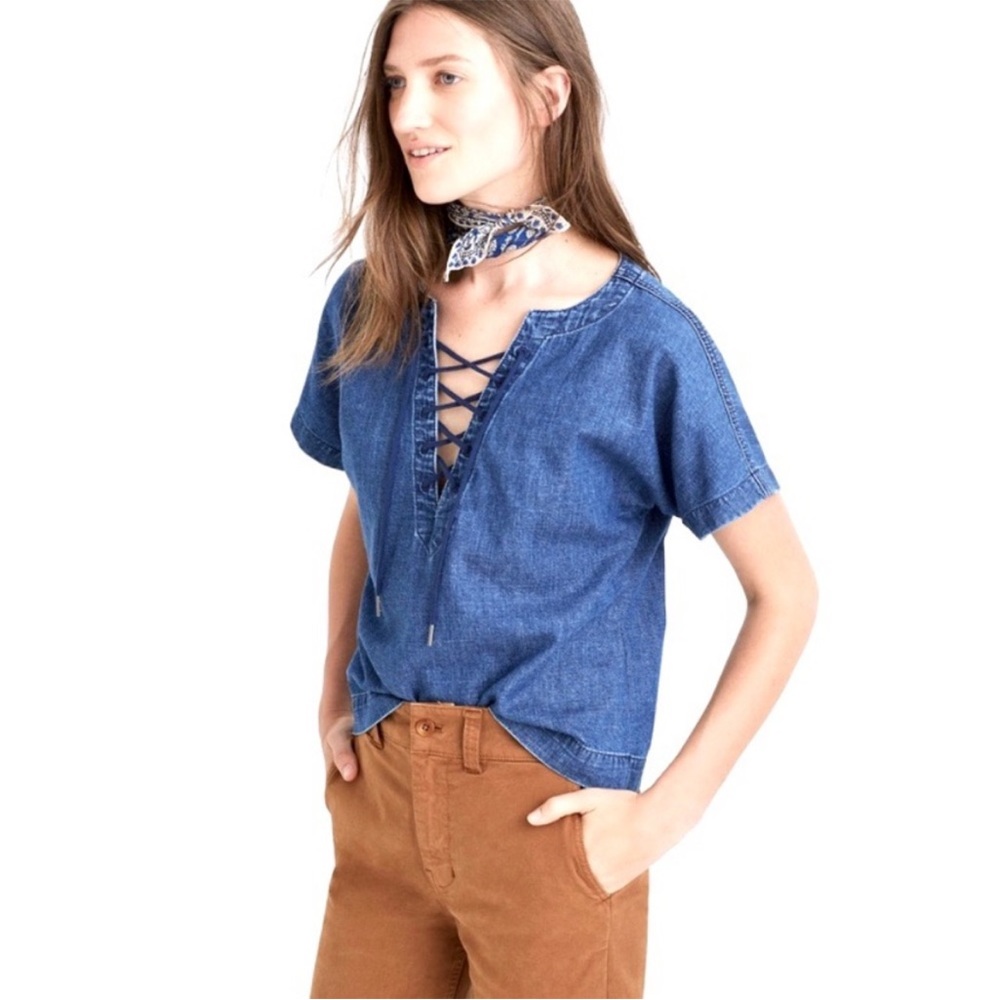 Madewell Chambray Lace-up Short-Sleeved Top